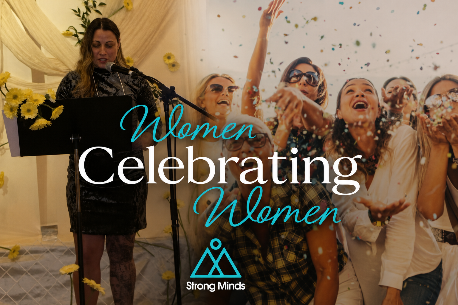 Women Celebrating Women event with Amanda Lambert speaking and attendees celebrating